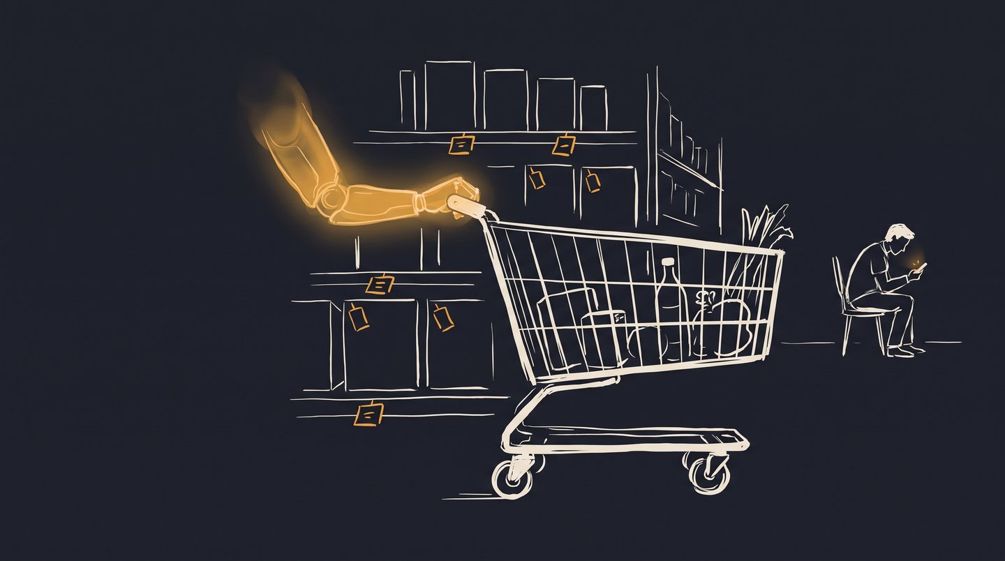 Hand-drawn illustration: an amber robot arm pushing a shopping trolley past shelves of blank products while a person sits apart looking at a phone