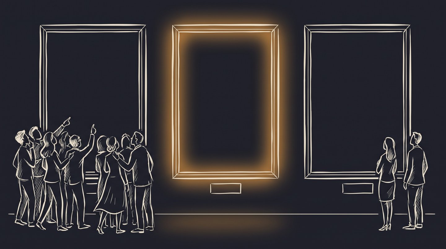 Hand-drawn illustration: three identical paintings in a gallery, viewers crowding the one with a human plaque, the hybrid-labeled one alone