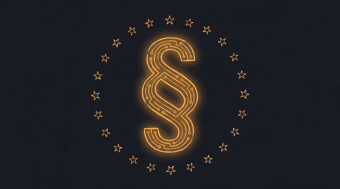 Hand-drawn illustration: a large paragraph section sign woven from amber circuit-like lines, ringed by small stars