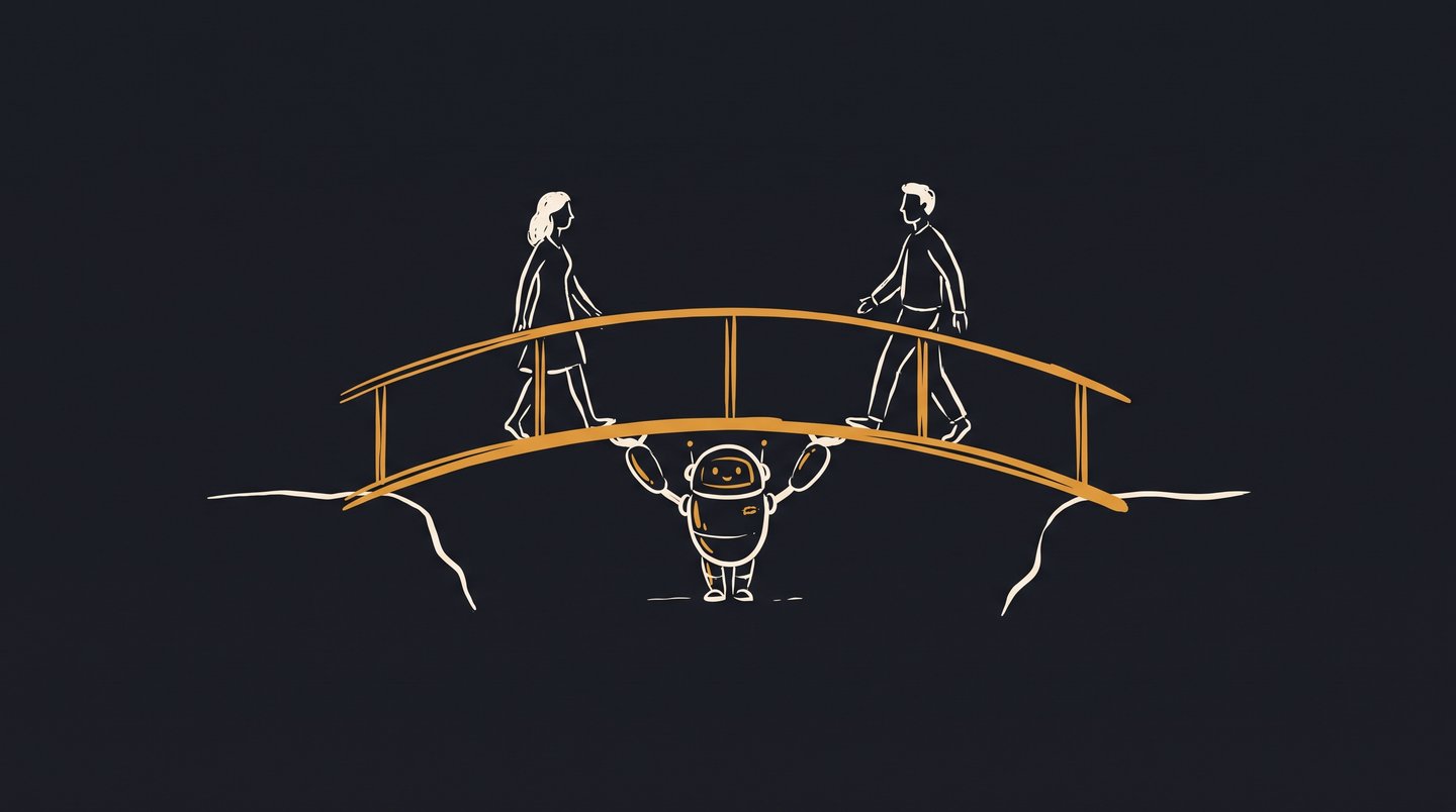 Hand-drawn illustration: a small robot figure holding up an amber footbridge on which two people walk toward each other