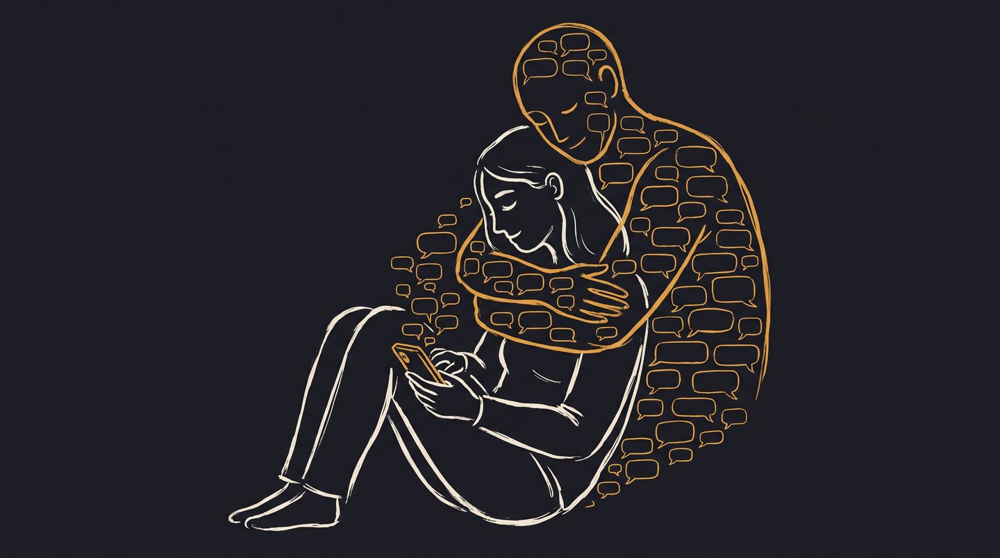 Hand-drawn illustration: a person embraced by a hollow outline figure made of chat bubbles streaming out of a phone