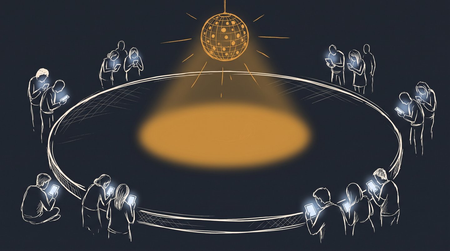 Hand-drawn illustration: an empty dance floor under an amber disco ball, young people standing at the edges lit by phone screens
