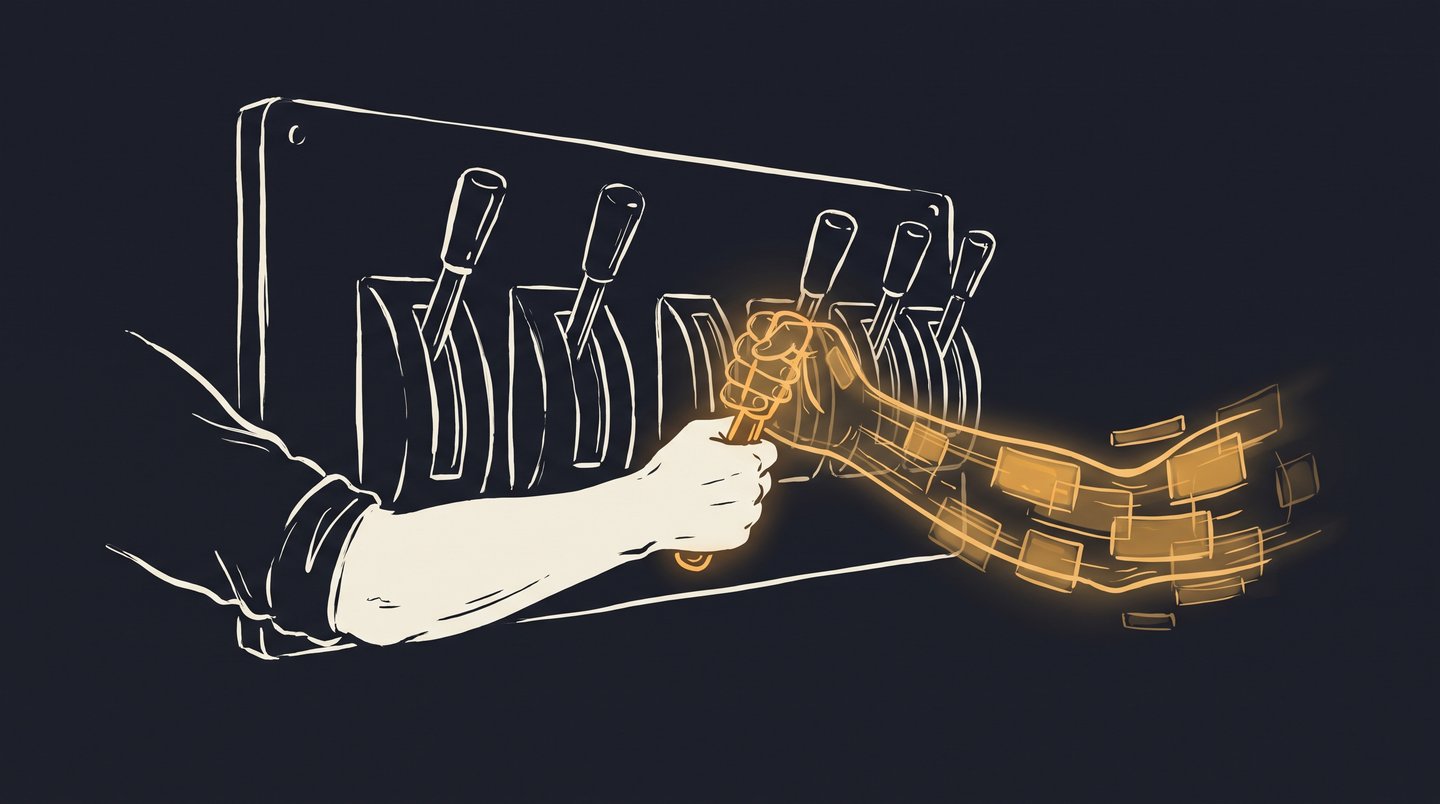 Hand-drawn illustration: a wall of large machine levers, one human hand and one hand made of glowing screens gripping the same lever