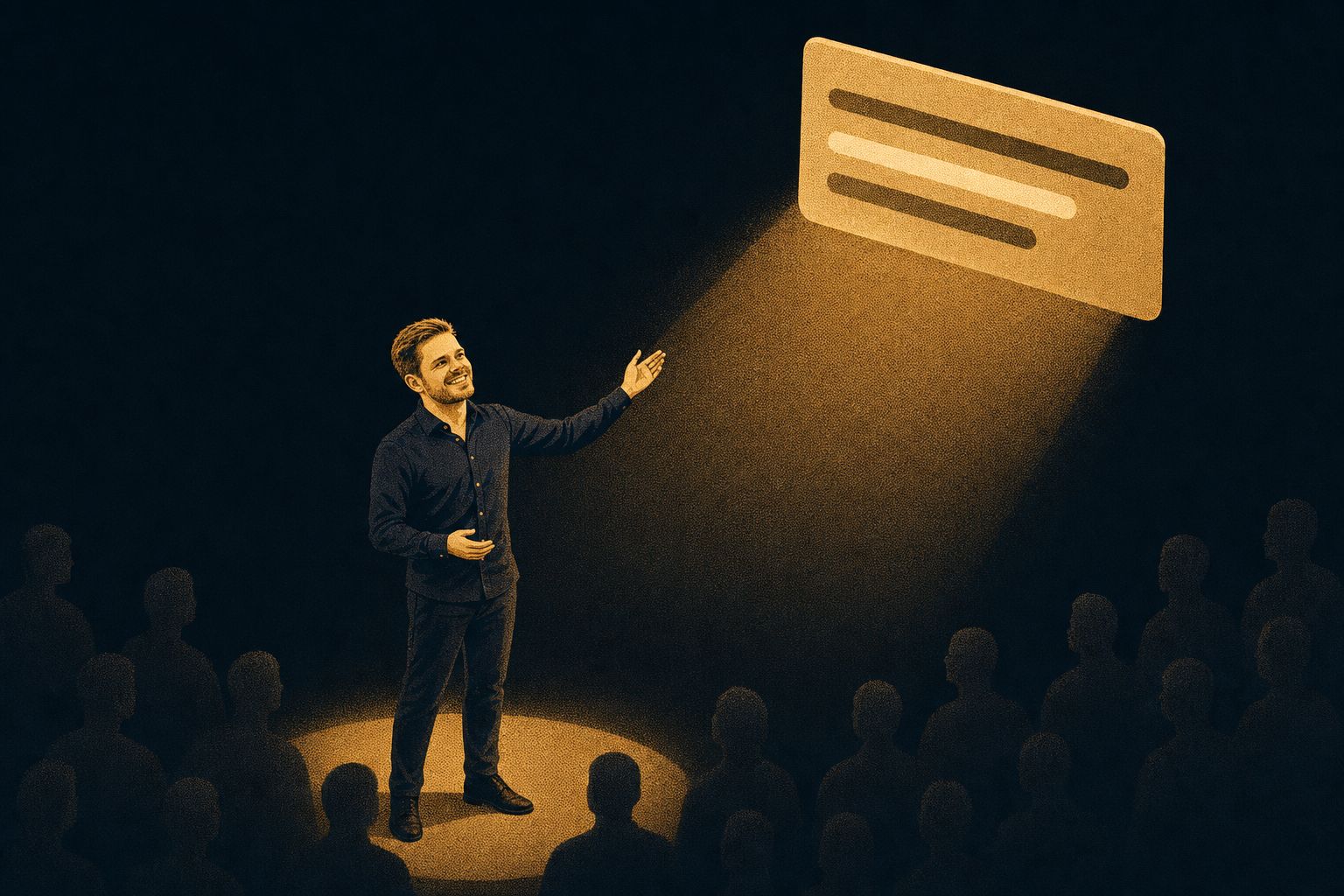 Speaker steps out of the dark into an amber spotlight cast by a floating AI answer card while the silhouettes of others stay unlit, a metaphor for AI search visibility