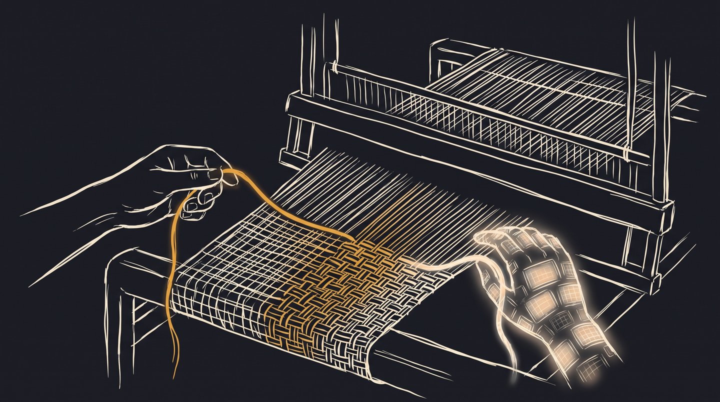 Hand-drawn illustration: a large woven fabric on a loom, one human hand and one hand made of glowing screens weaving the same cloth