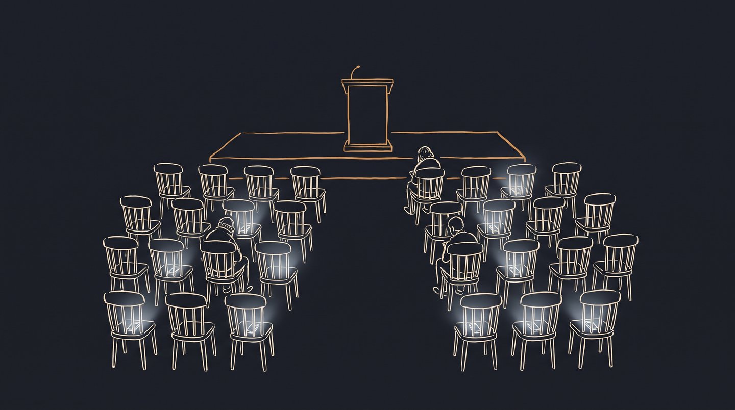 Hand-drawn illustration: a town assembly hall with many empty chairs, a few occupied, empty seats faintly glowing with phone light