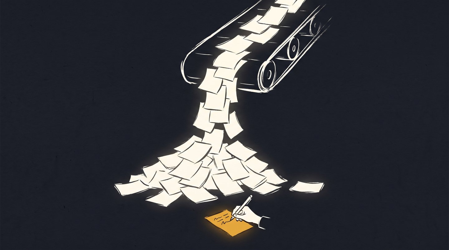 Hand-drawn illustration: a conveyor pouring out thousands of identical glowing pages while below a single hand writes one page in amber