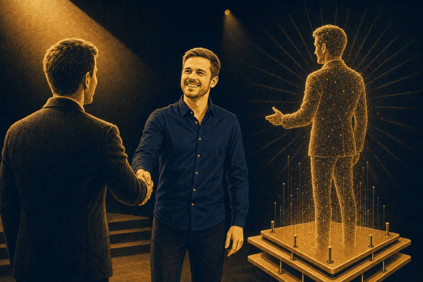 Speaker hält Keynote vor zwei gespiegelten Bühnenhälften: links eine Fabrikmaschine als industrieller Digital Twin, rechts eine leuchtende Konsumenten-Silhouette aus Datenpunkten als Consumer Digital Twin