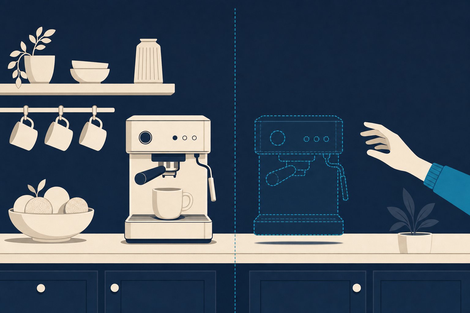 Digitale Illustration: eine Kaffeemaschine in einer Küche, halb als selbstverständlicher Besitz, halb als offene Frage dargestellt — Sinnbild für den Besitztums-Effekt bei Testphasen