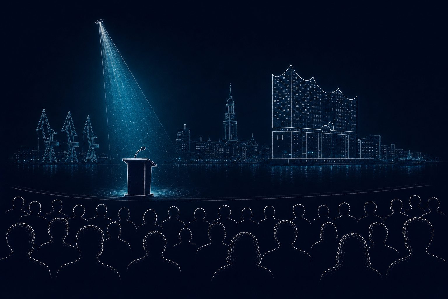 Spotlight auf ein Rednerpult vor der Hamburger Hafenskyline mit Elbphilharmonie, Michel und Kränen: Keynote Speaker Hamburg