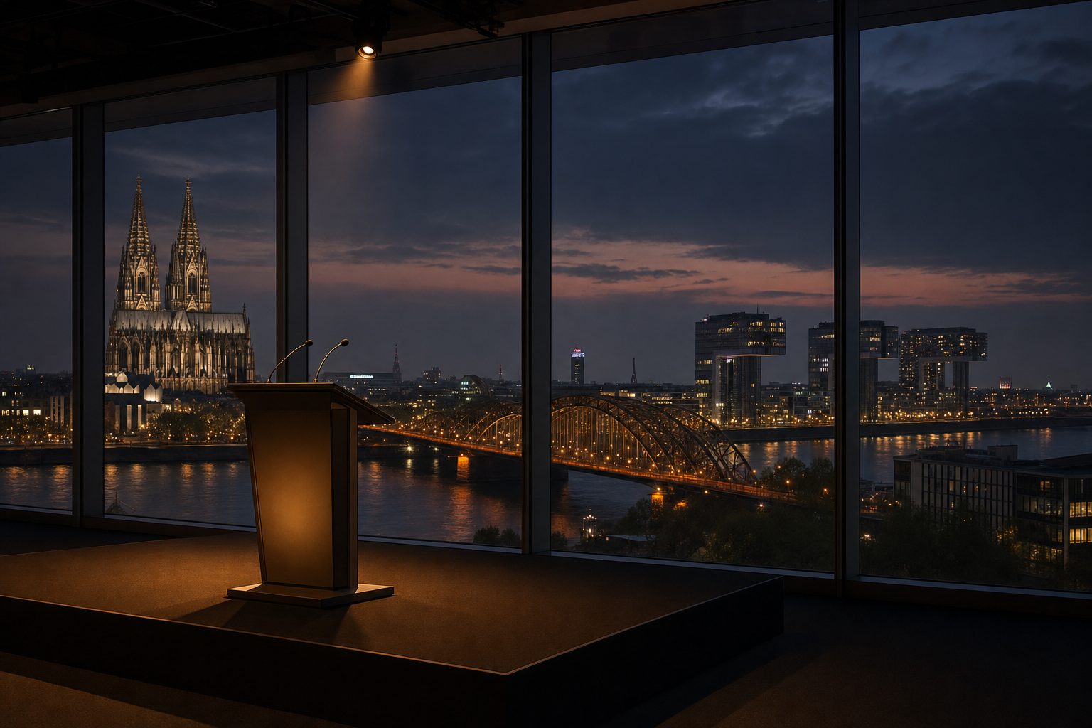 Spotlight auf ein Rednerpult vor der Koelner Skyline mit Dom, Hohenzollernbruecke und Kranhaeusern: Keynote Speaker Koeln