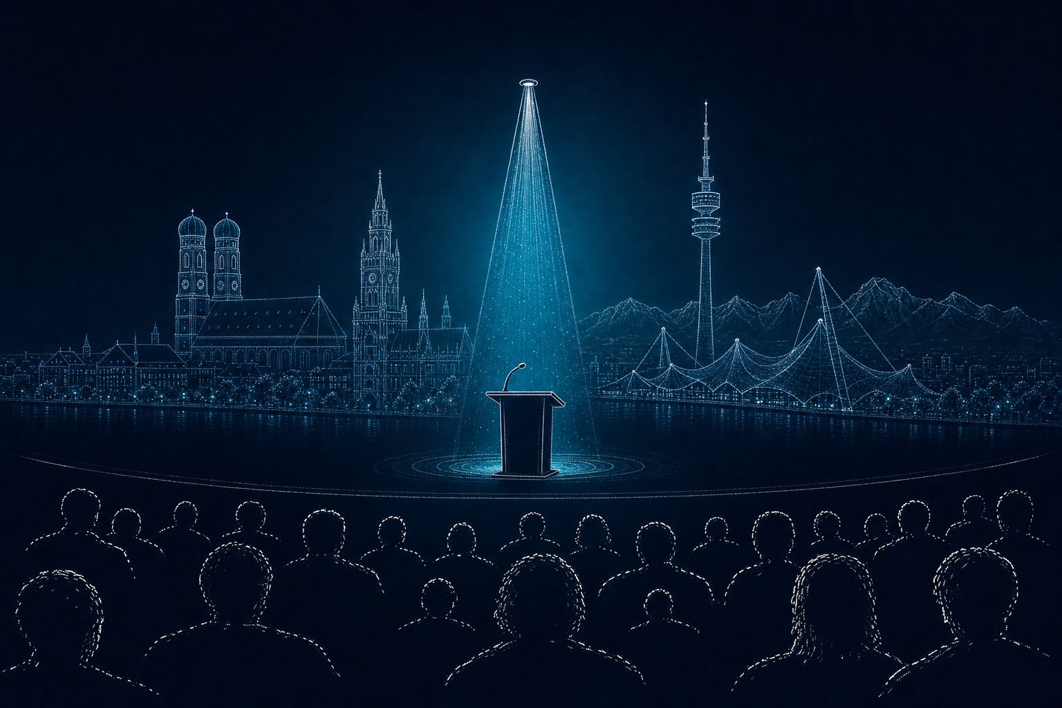Spotlight auf ein Rednerpult vor der Muenchner Skyline mit Frauenkirche, Olympiaturm und Alpen: Keynote Speaker Muenchen