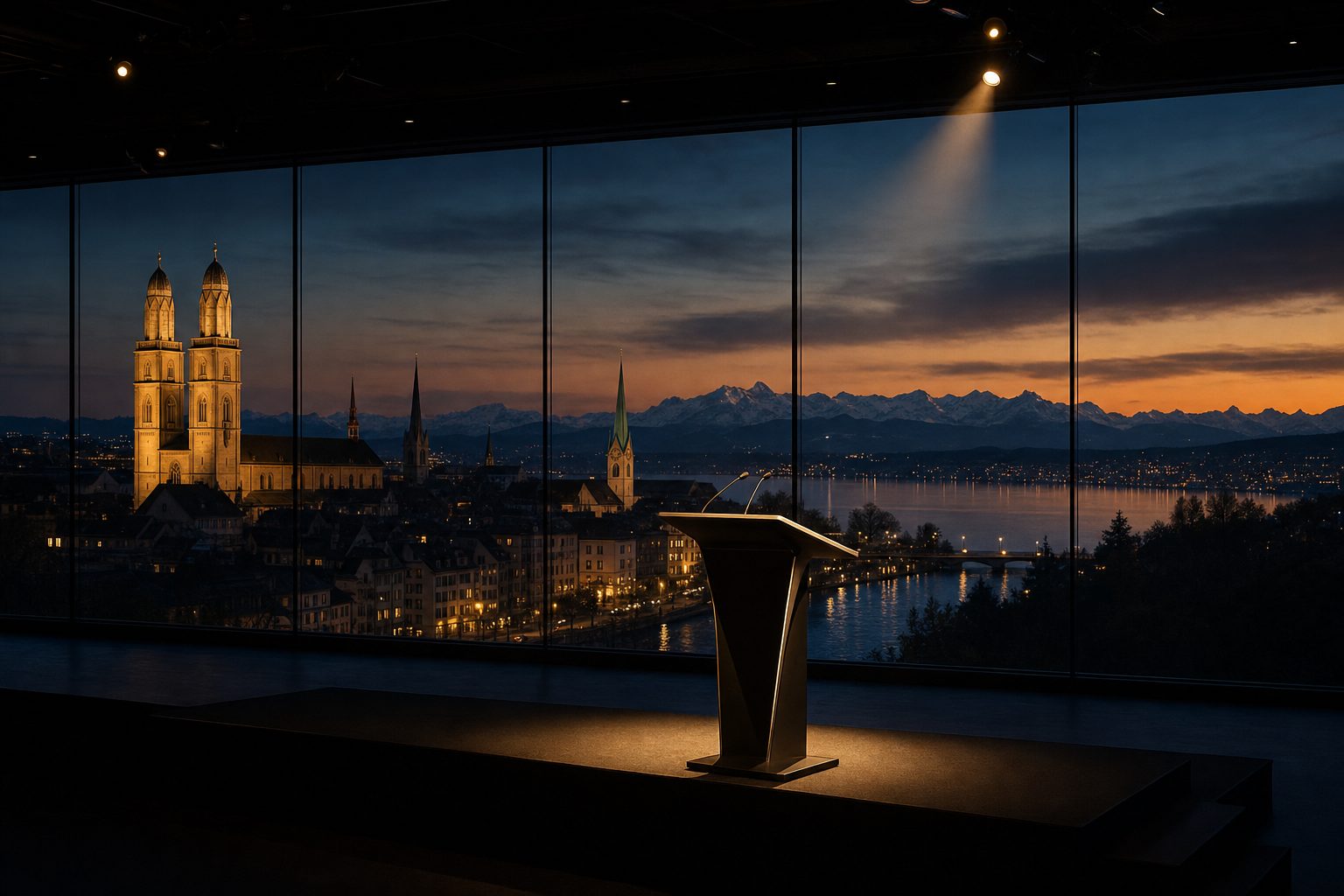 Spotlight auf ein Rednerpult vor der Zuercher Altstadt mit Grossmuenster, See und Alpen: Keynote Speaker Zuerich