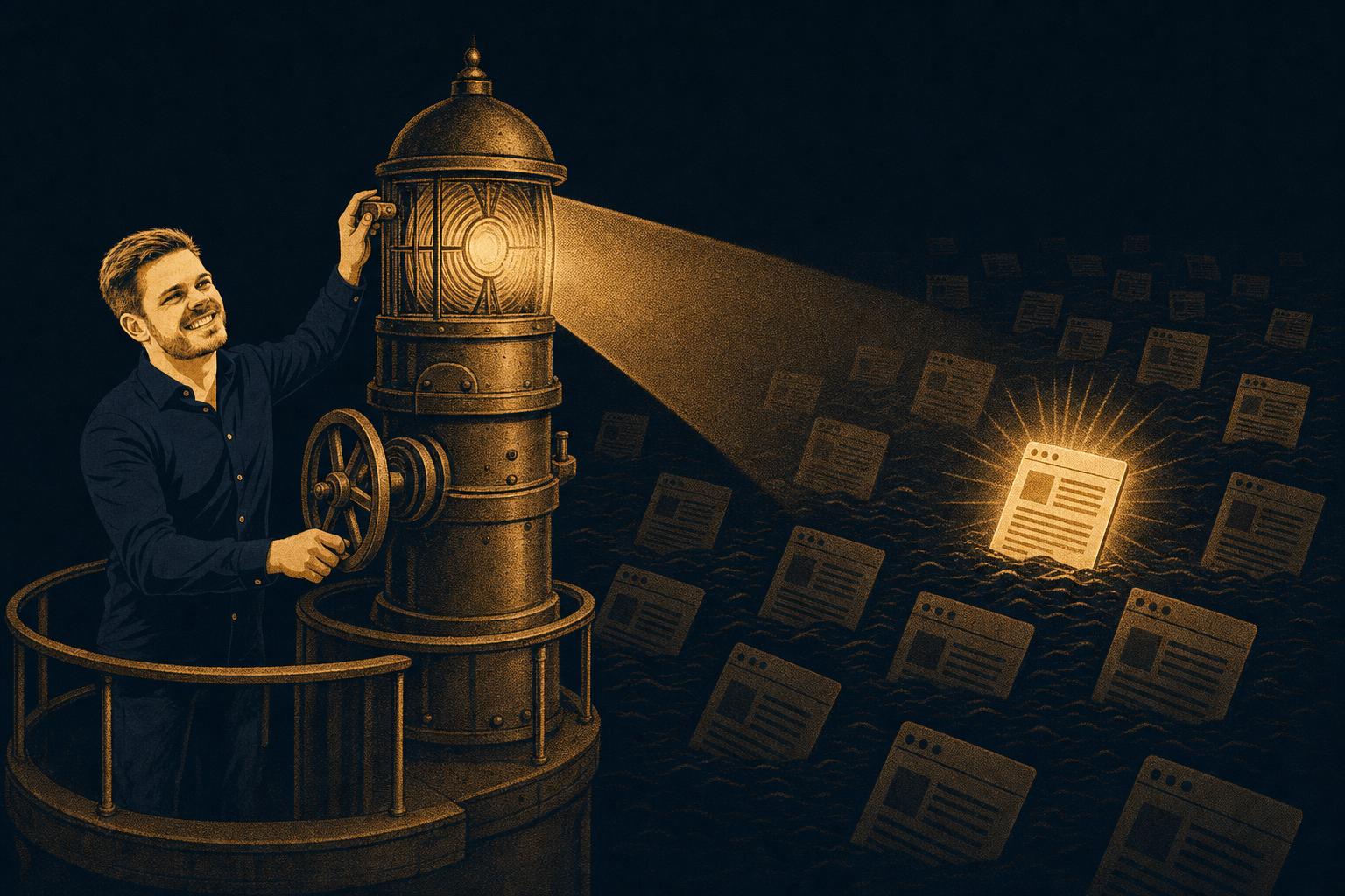 Man adjusts a vintage lighthouse whose beam picks out one glowing web page in a dark sea of pages, a metaphor for AI search engines citing one optimized source