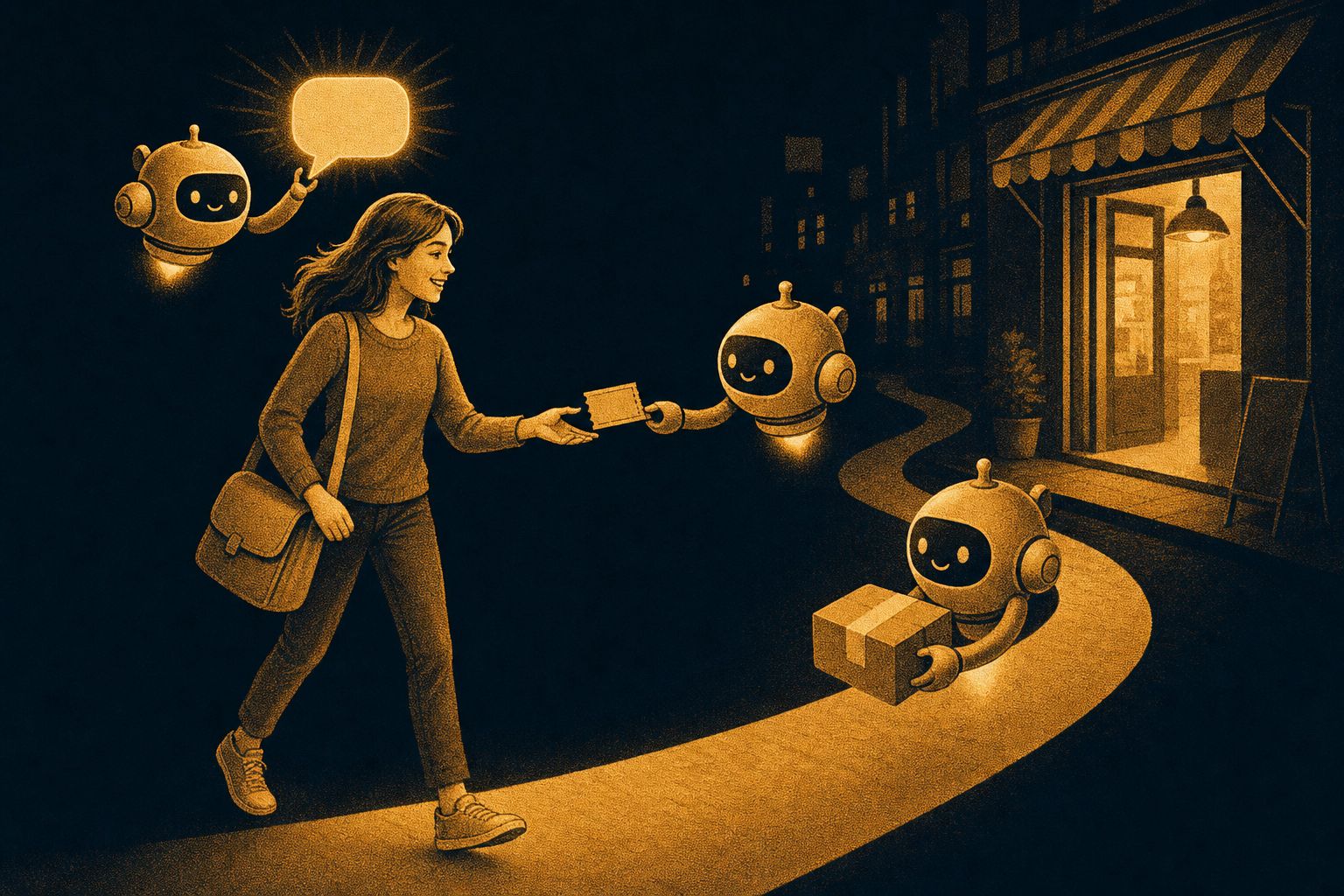 Kundin geht nachts auf einem leuchtenden Pfad durch eine Stadtstraße, drei kleine Helferroboter schweben neben ihr und reichen ihr ein Ticket, ein Paket und eine Sprechblase, als Sinnbild für KI-Agenten in Marketing und Customer Experience