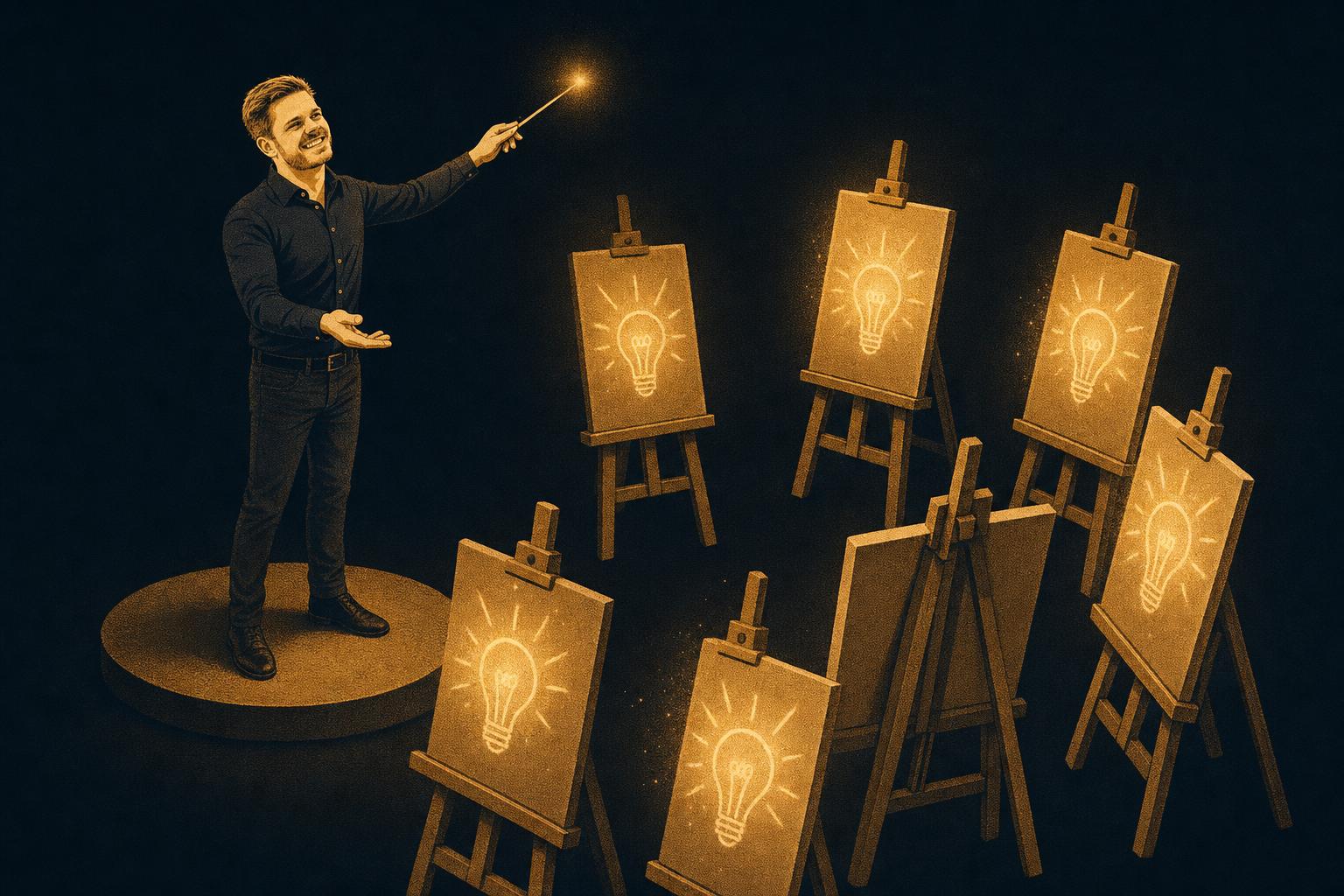 Speaker auf einer kleinen Bühne bringt die Staffeleien einer Kreativagentur zum Leuchten, auf jeder Leinwand erscheint eine Glühbirne, als Sinnbild für eine KI-Keynote, die Agentur-Ideen zündet