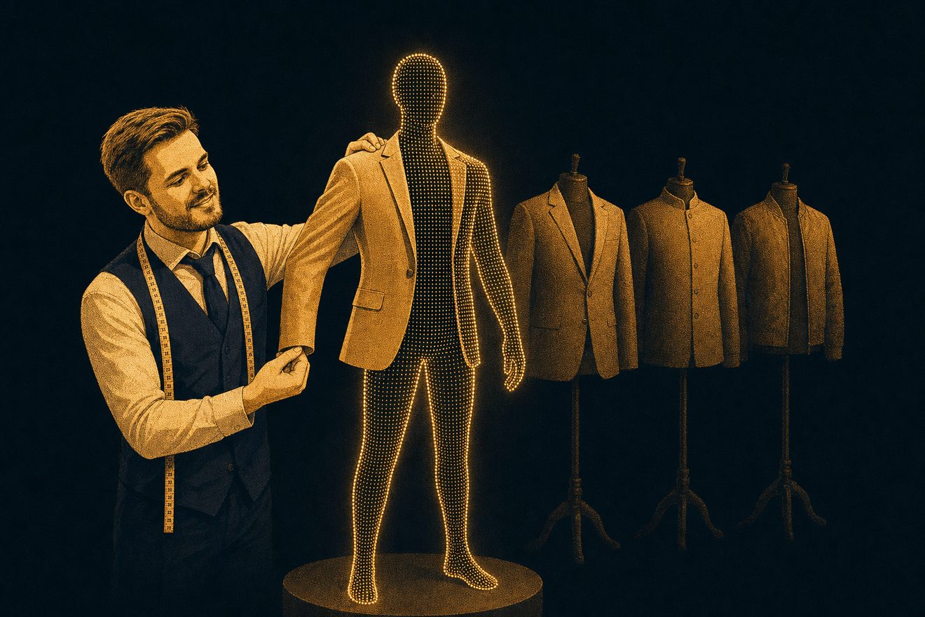 Schneider passt einer leuchtenden Silhouette aus Datenpunkten ein maßgeschneidertes Sakko an, dahinter drei Schneiderpuppen mit unterschiedlichen Jacken als Sinnbild für KI-Personalisierung