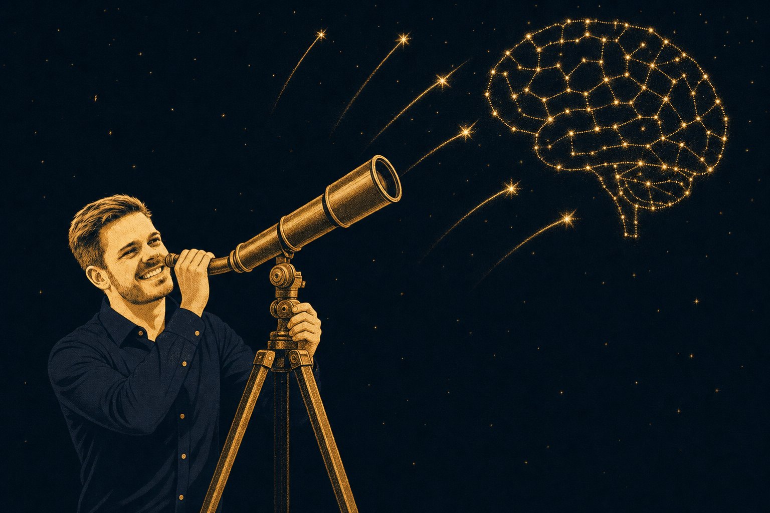 Mann blickt durch ein Messingteleskop auf ein Sternbild in Form eines Gehirns mit aufsteigenden Sternschnuppen, als Sinnbild für kommende Neuromarketing-Trends