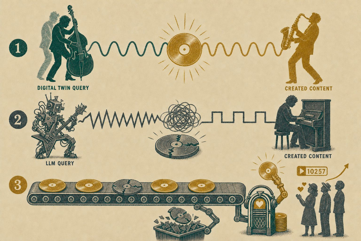 Three step screen print: a Digital Twin query and content merge in phase into a golden record, an LLM query robot and mismatched content stamp a cracked record, and a jukebox presents the golden record to listeners while the cracked one lands in the bin