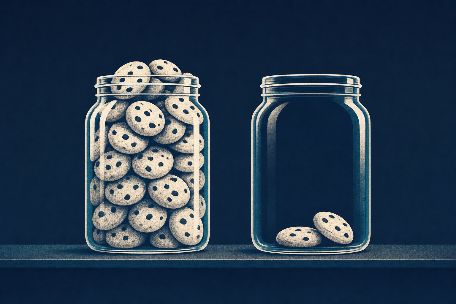 Stilisierte Nachempfindung: ein fast leeres Keksglas neben einem fast vollen Keksglas, sinnbildlich für die Worchel-Cookie-Jar-Studie zu Angebot und Wahrnehmung von Wert