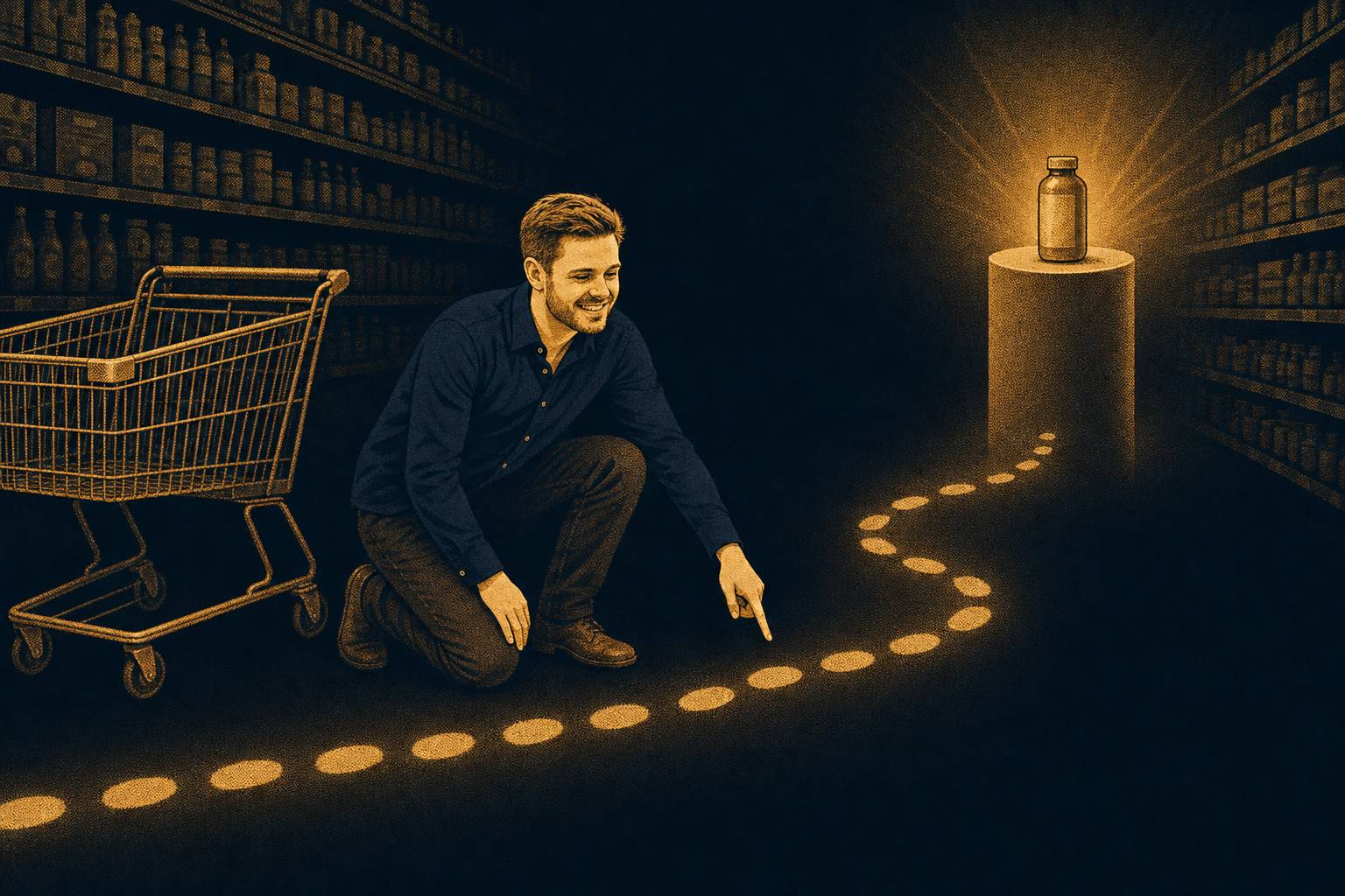 Mann kniet in einem dunklen Supermarktgang und verfolgt leuchtende Fußspuren, die am Einkaufswagen vorbei zu einem einzeln beleuchteten Produktpodest führen, als Sinnbild für KI-verändertes Konsumentenverhalten