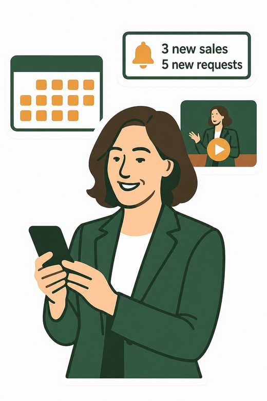 A professional smiles at her phone: notifications show three new sales and five new requests, her calendar fills with meetings and her video clip plays