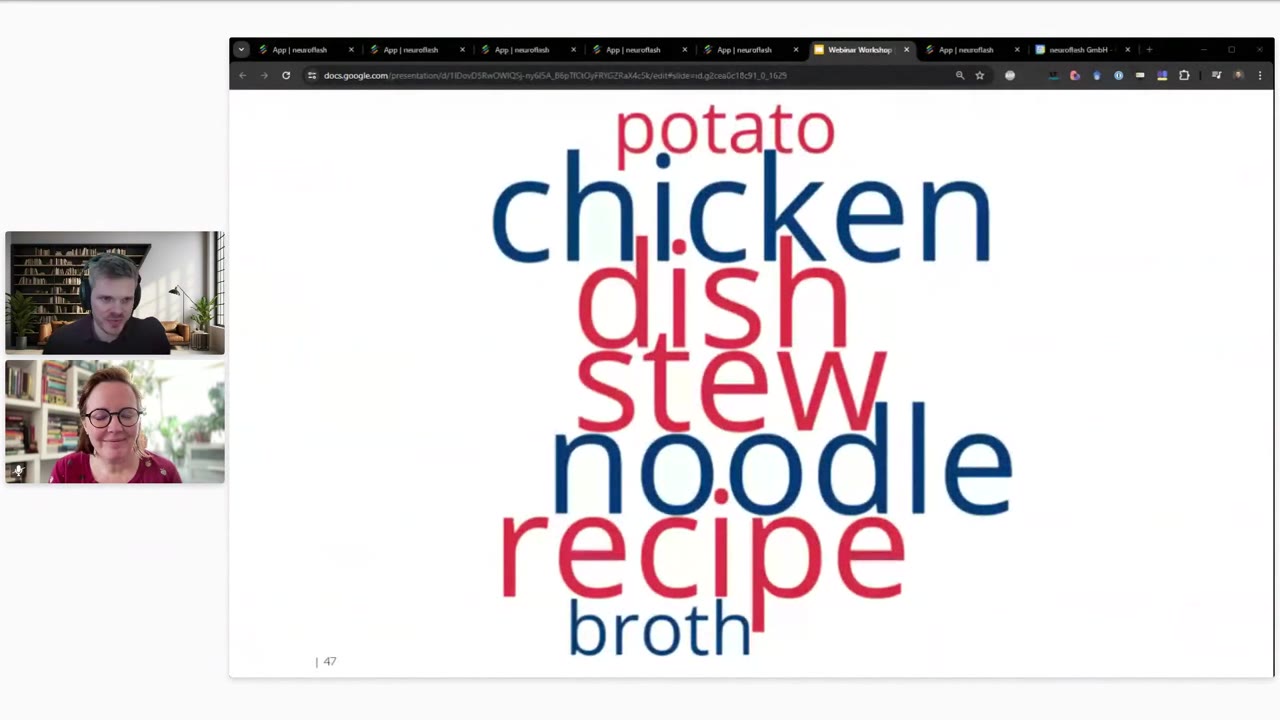 Live-Experiment im Workshop: Wortwolke mit chicken, dish, stew, noodle, recipe und broth zur unbewussten Suppe-Priming