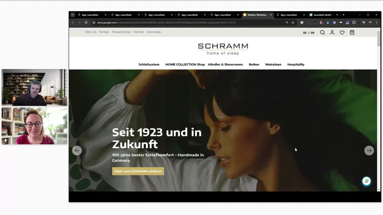 Website der Bettenmarke Schramm mit der Original-Schlagzeile Seit 1923 und in Zukunft, die im Workshop live optimiert wird