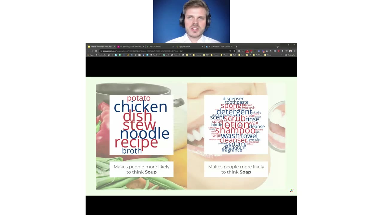Zwei Wortwolken im Vergleich: links Suppen-Wörter wie Chicken, Stew, Noodle, rechts Seifen-Wörter wie Lotion, Shampoo, Detergent