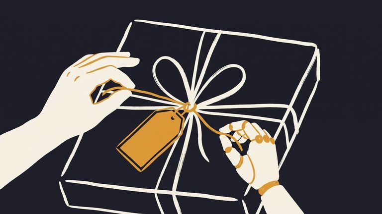 Hand-drawn illustration: a wrapped product with a large blank amber tag, a human hand and a small robot hand both holding the tag string