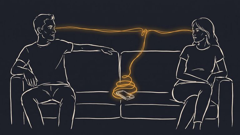 Hand-drawn illustration: a couple on a sofa connected by an amber thread of attention being pulled down into a glowing phone between them