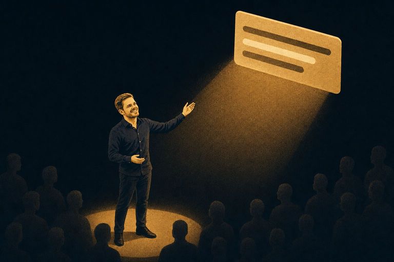 Speaker steps out of the dark into an amber spotlight cast by a floating AI answer card while the silhouettes of others stay unlit, a metaphor for AI search visibility
