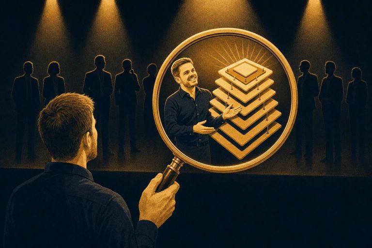 Eventplaner betrachtet durch eine Lupe einen AIOS-Keynote-Speaker neben einem gestapelten Plattform-Schichtenmodell