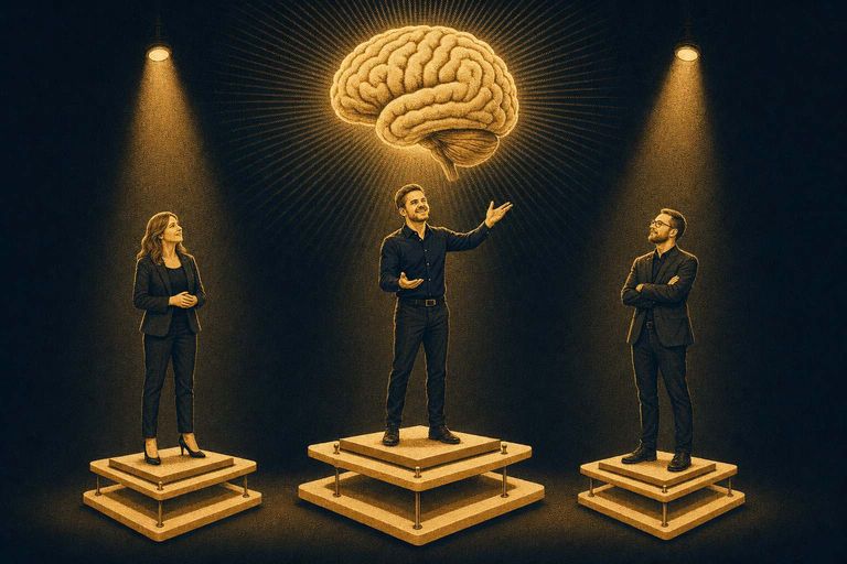 Drei Keynote-Speaker auf Podesten unter Bühnenscheinwerfern im Vergleich, darüber ein leuchtendes Gehirn