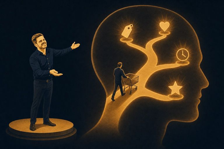 Presenter on a small stage gestures toward a giant head silhouette in which a shopper pushes a cart along a glowing path that forks at a price tag, a heart, a clock and a star, an illustration of consumer psychology