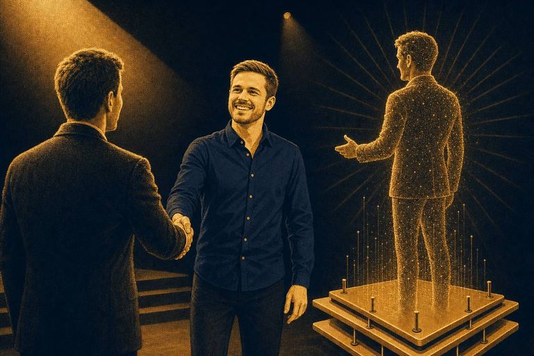 Speaker hält Keynote vor zwei gespiegelten Bühnenhälften: links eine Fabrikmaschine als industrieller Digital Twin, rechts eine leuchtende Konsumenten-Silhouette aus Datenpunkten als Consumer Digital Twin