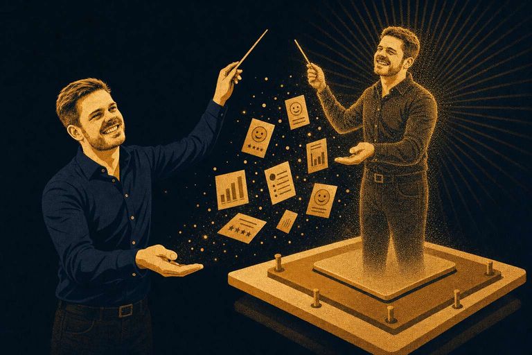Keynote speaker conducting a glowing dot-matrix digital twin of himself on stage, survey cards floating between them