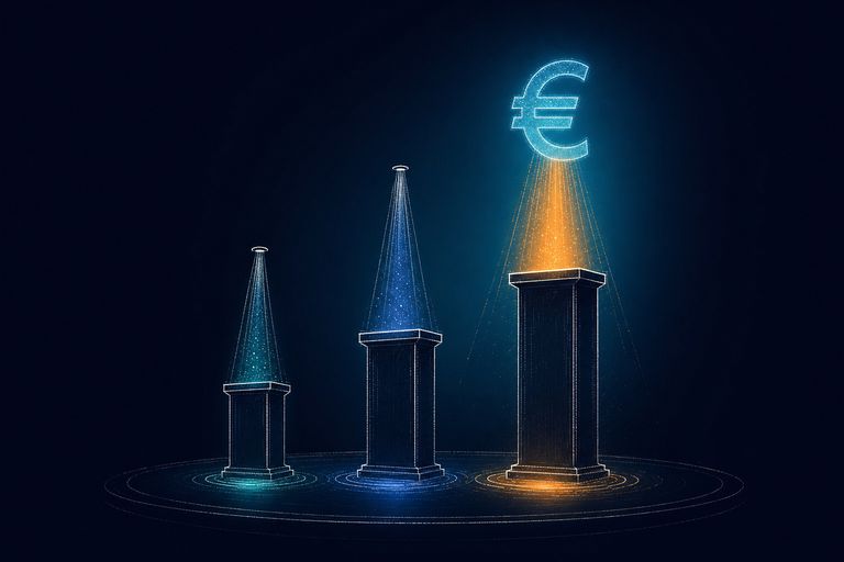 Drei Podeste mit Spotlights und Euro-Symbol — was ein KI-Keynote-Speaker 2026 kostet