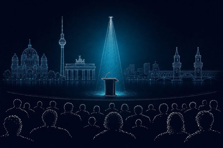 Spotlight auf ein Rednerpult vor der Berliner Skyline mit Fernsehturm, Brandenburger Tor und Oberbaumbruecke: Keynote Speaker Berlin