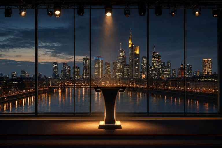 Spotlight auf ein Rednerpult vor der Frankfurter Bankenskyline am Main: Keynote Speaker Frankfurt