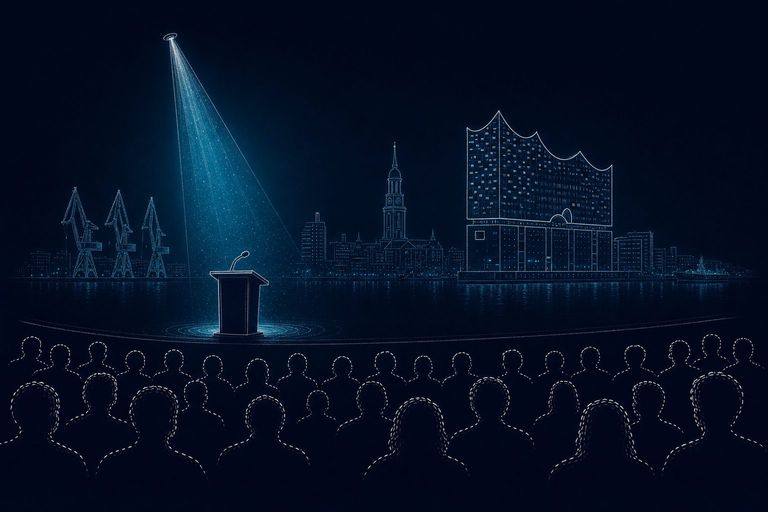 Spotlight auf ein Rednerpult vor der Hamburger Hafenskyline mit Elbphilharmonie, Michel und Kränen: Keynote Speaker Hamburg