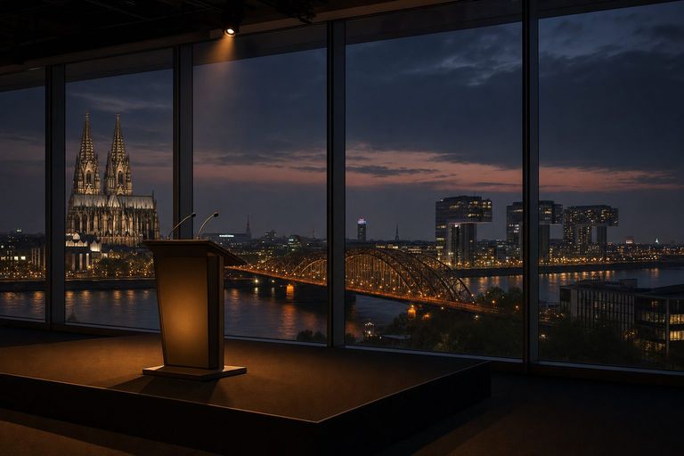 Spotlight auf ein Rednerpult vor der Koelner Skyline mit Dom, Hohenzollernbruecke und Kranhaeusern: Keynote Speaker Koeln