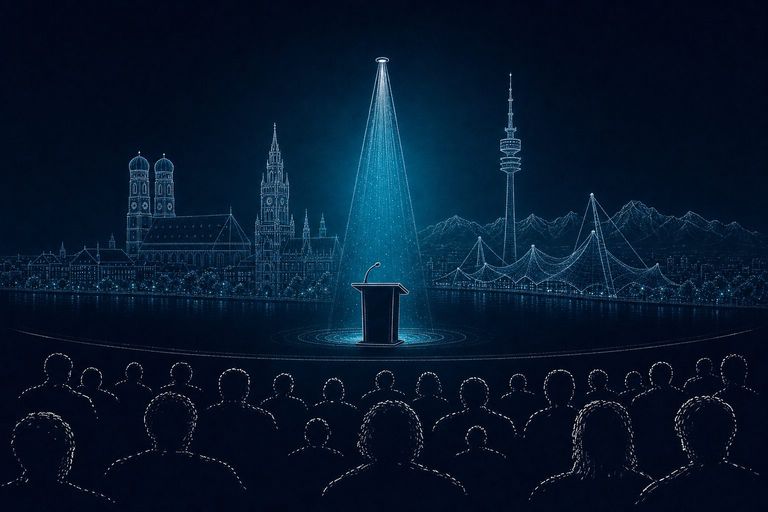 Spotlight auf ein Rednerpult vor der Muenchner Skyline mit Frauenkirche, Olympiaturm und Alpen: Keynote Speaker Muenchen