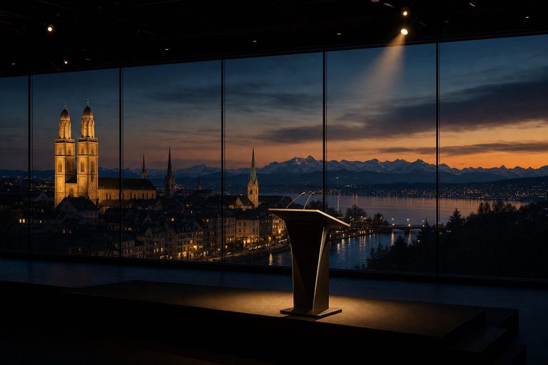 Spotlight auf ein Rednerpult vor der Zuercher Altstadt mit Grossmuenster, See und Alpen: Keynote Speaker Zuerich