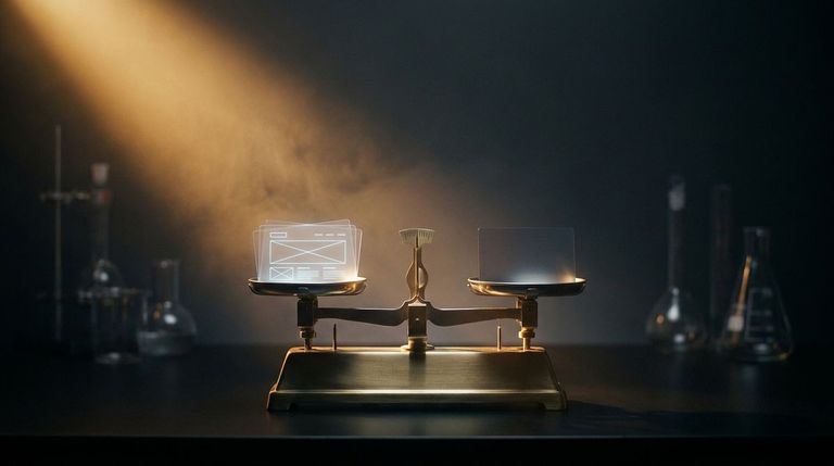 Brass laboratory balance scale weighing a stack of glowing web-page cards against a single dim card, amber beam on a dark lab bench