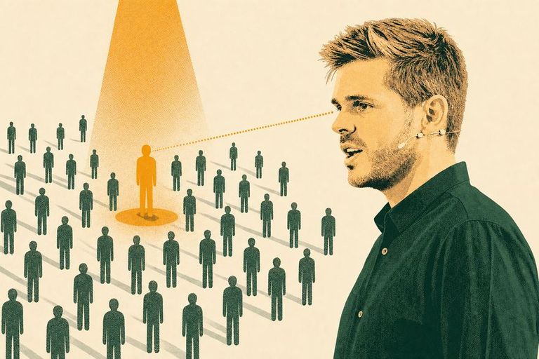 Screen-print style illustration of a speaker in profile facing a crowd, one figure standing in an amber spotlight, symbolizing being the one an AI recommends