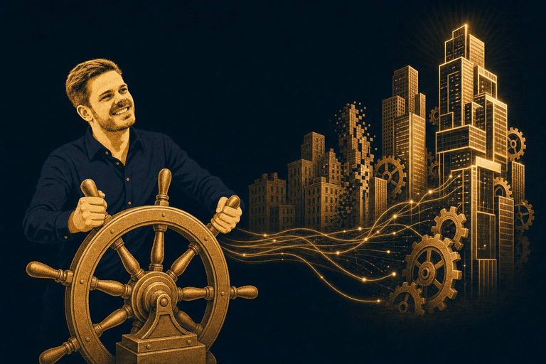 Mann steuert ein großes Schiffsrad, dessen leuchtende Linien eine Skyline aus Bürotürmen und Zahnrädern umbauen, als Sinnbild für KI-getriebene Business-Transformation
