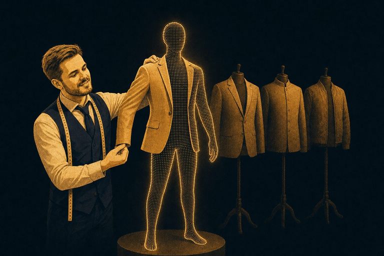 Schneider passt einer leuchtenden Silhouette aus Datenpunkten ein maßgeschneidertes Sakko an, dahinter drei Schneiderpuppen mit unterschiedlichen Jacken als Sinnbild für KI-Personalisierung