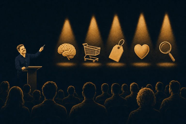 Redner am Pult vor Publikum, fünf Scheinwerferkegel beleuchten schwebend ein Gehirn, einen Einkaufswagen, ein Preisschild, ein Herz und eine Lupe, als Sinnbild für Neuromarketing-Vortragsthemen