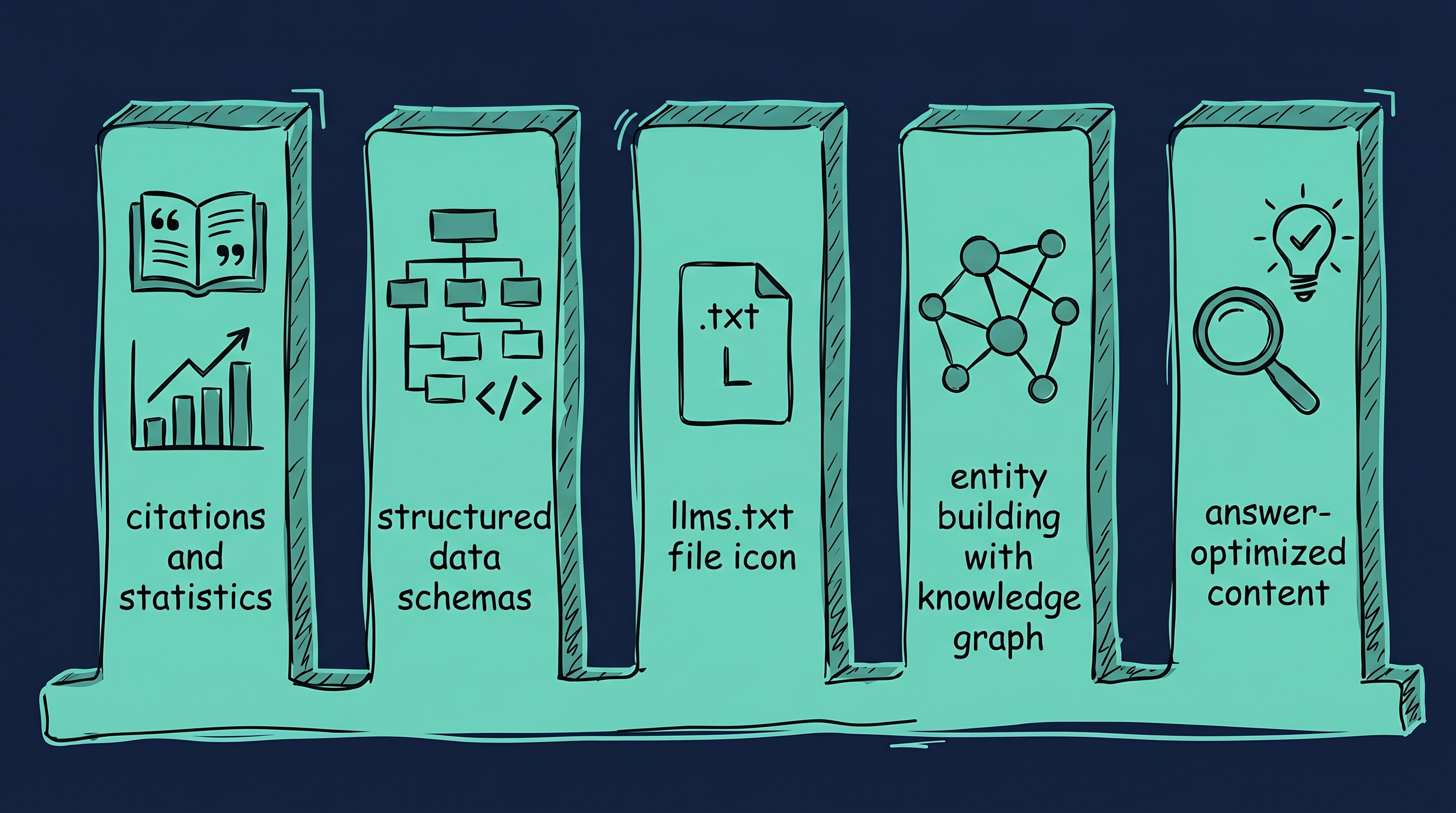 Fuenf Strategien fuer KI-Sichtbarkeit Expertenzitate Structured Data llms.txt Entity Building